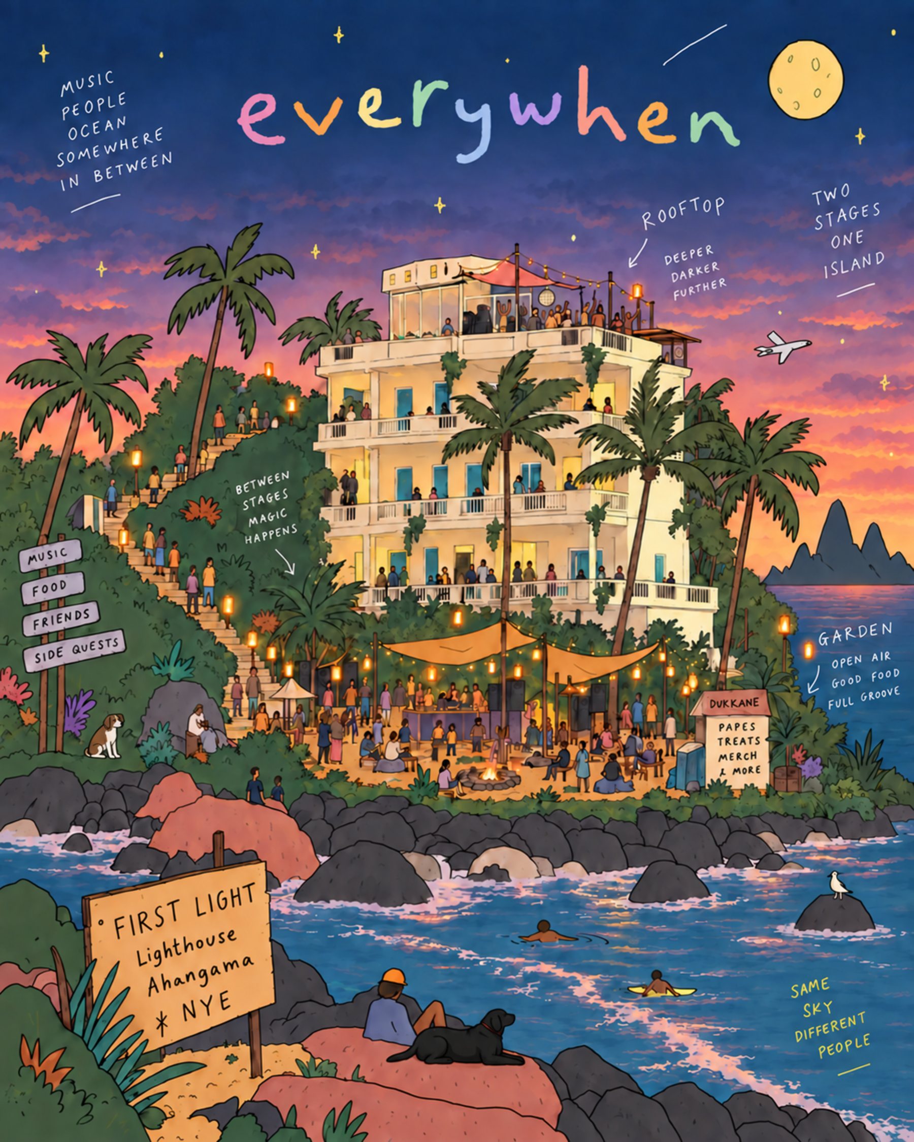 Illustrated night map of First Light at Lighthouse Ahangama: the rooftop stage, the garden stage under lantern-lit canopies, the Dukkane shop, stairs up the hill, rocks and sea.